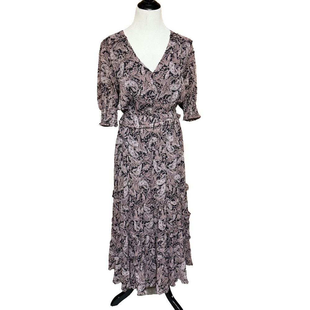 Roan & Ryan Elsa Dress Size S Pink Paisley Midi V-Neck Ruffle Cottagecore